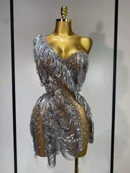 Sparkly Rhinestone Tassel Mesh Dress Nightclub Dance Stage Performance Costume Evening Party One shoulder Nigtclub Mini Dress 1