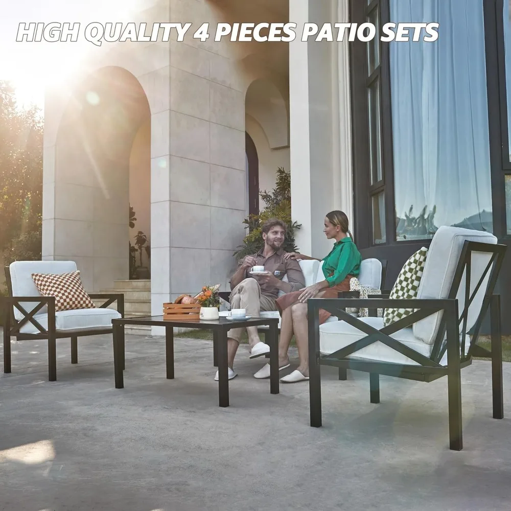 Outdoor Patio Furniture 4 Pieces Set, Modern Patio Conversation Sets, Outdoor Sectional Metal Sofa with 5.5  Inch Cushion 6