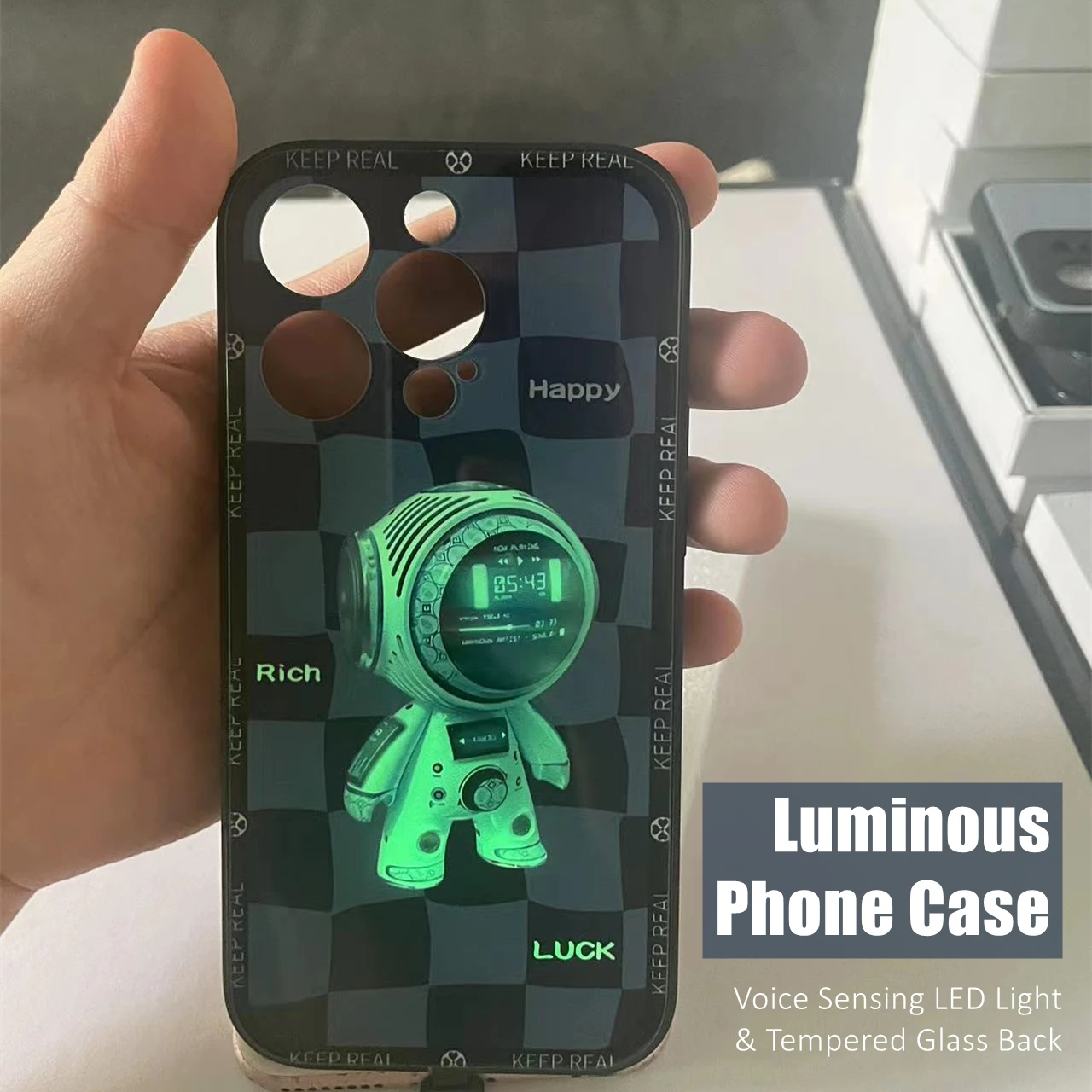 

Ceramic Astronaut Colorful LED Light Glow Luminous Tempered Glass Phone Case for OnePlus 6T 7 7T 8 8T 9 9R 10 Ace Nord N200 Pro