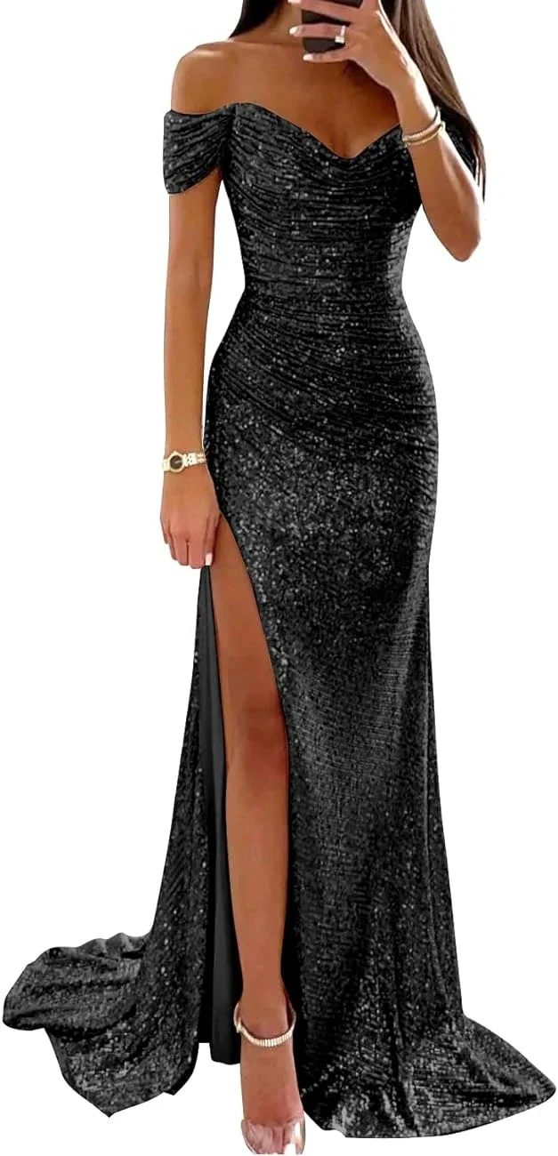 Sexy High Split Cocktail Vestidos Luxury Sequin Design Robe 2024 New Fashion Popular Slash Neck Slim Mermaid Evening Dresses