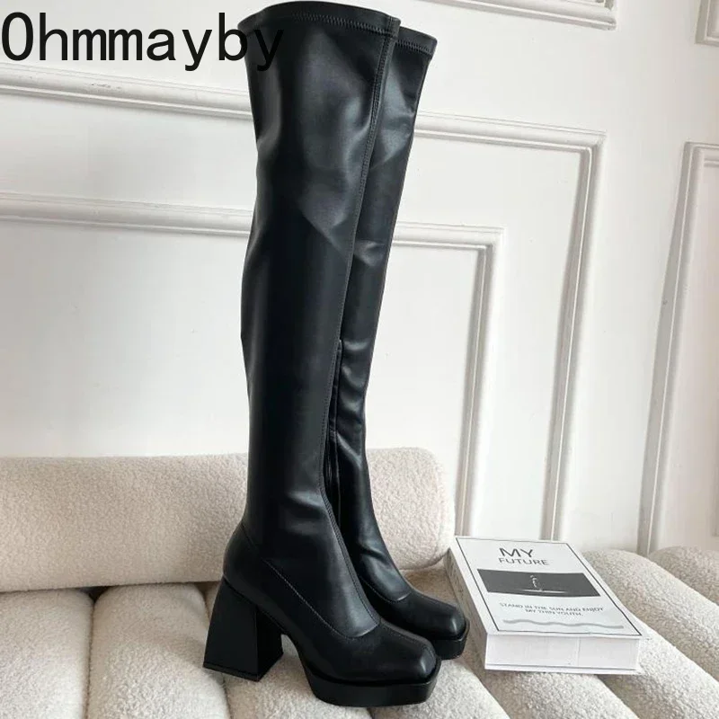 Winter Over The Knee High Boots Fashion Side Zippers Square High Heel Long Boots Ladies Elegant Mordern