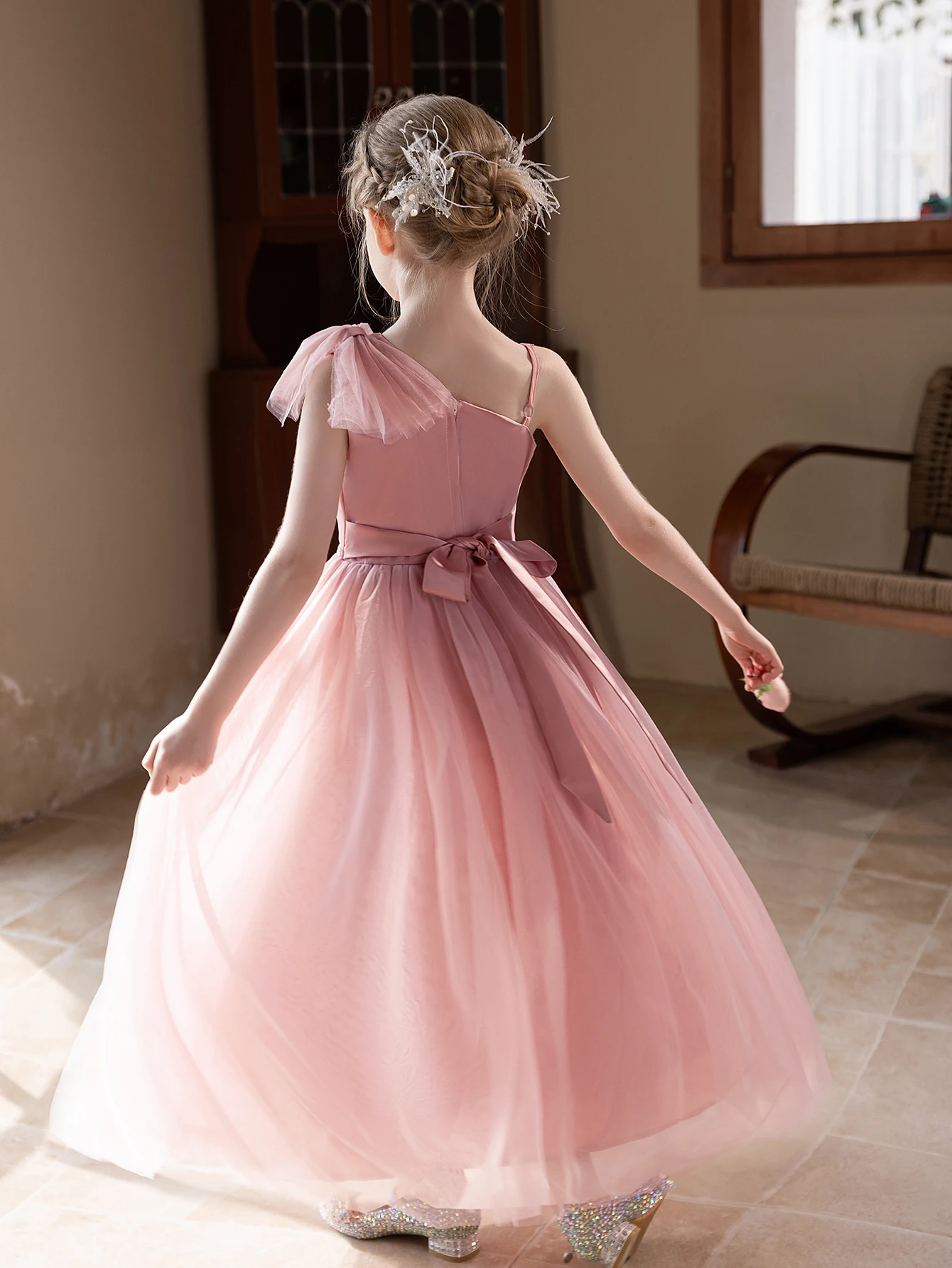 Girl's Elegant Pink One-Shoulder Puff Dress