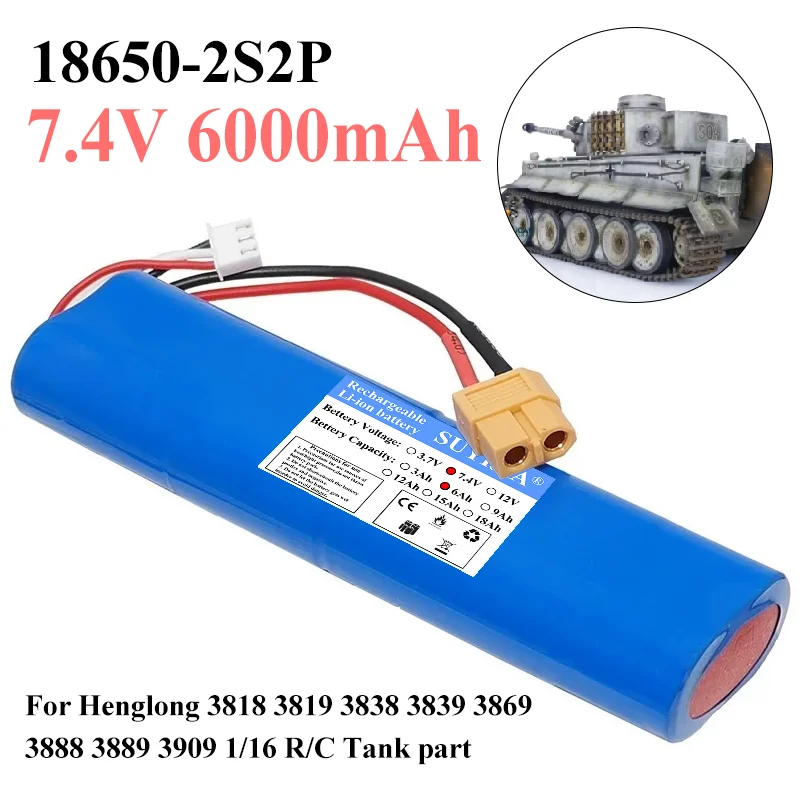 Batterie Li-ion 7.4V 6000mAh XT60 pour char Henglong 1/16 RC