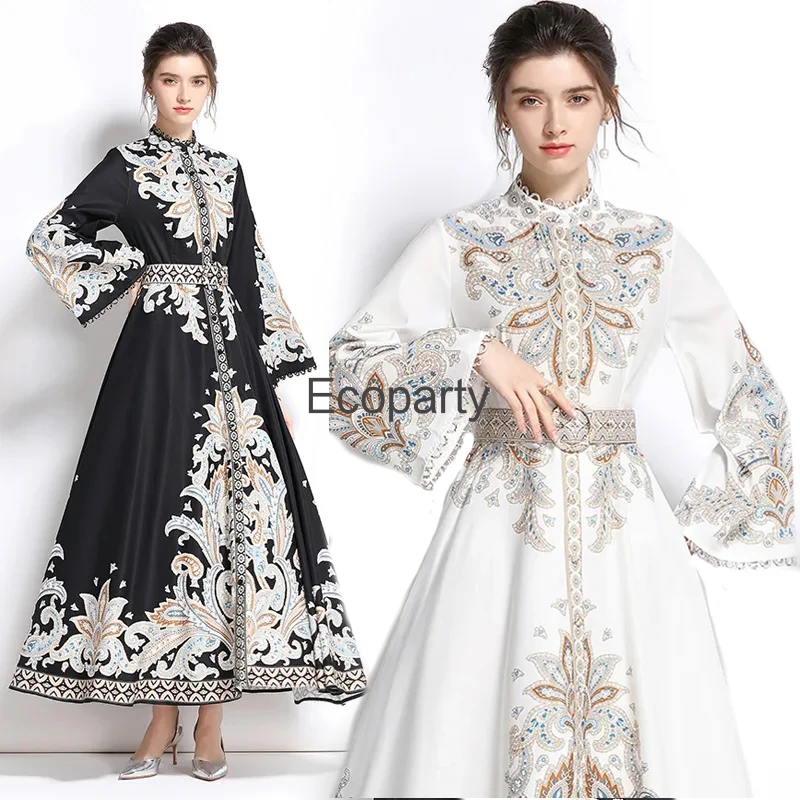 

2023 New Spring Autumn Print Long Robe Women Lapel Lantern Sleeves Elegant Dresses Single Breasted Irregular Pleated Maxi Dress