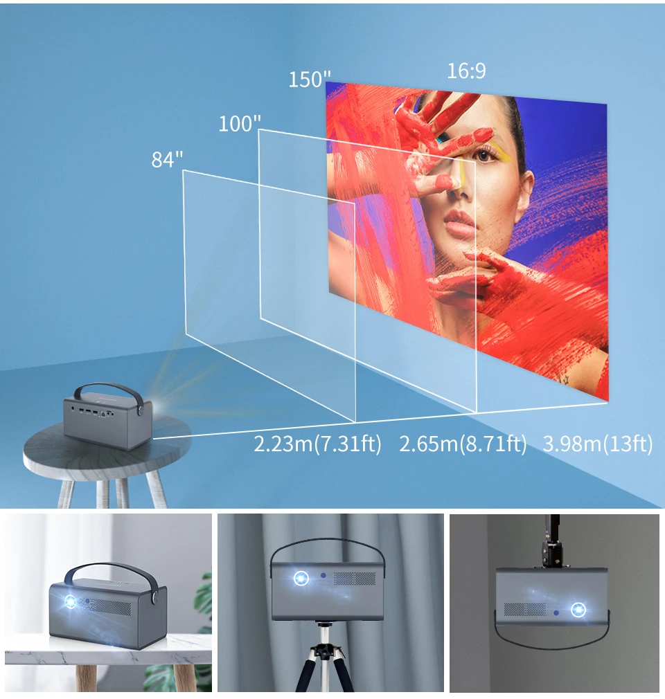 DLP 안드로이드 9.0 와이파이 LED 리얼 3D 프로젝터, 휴대용 홈 시어터 비디오 게임, 자동 키스톤 프로젝터, 미니 비머, 300 인치, 4K