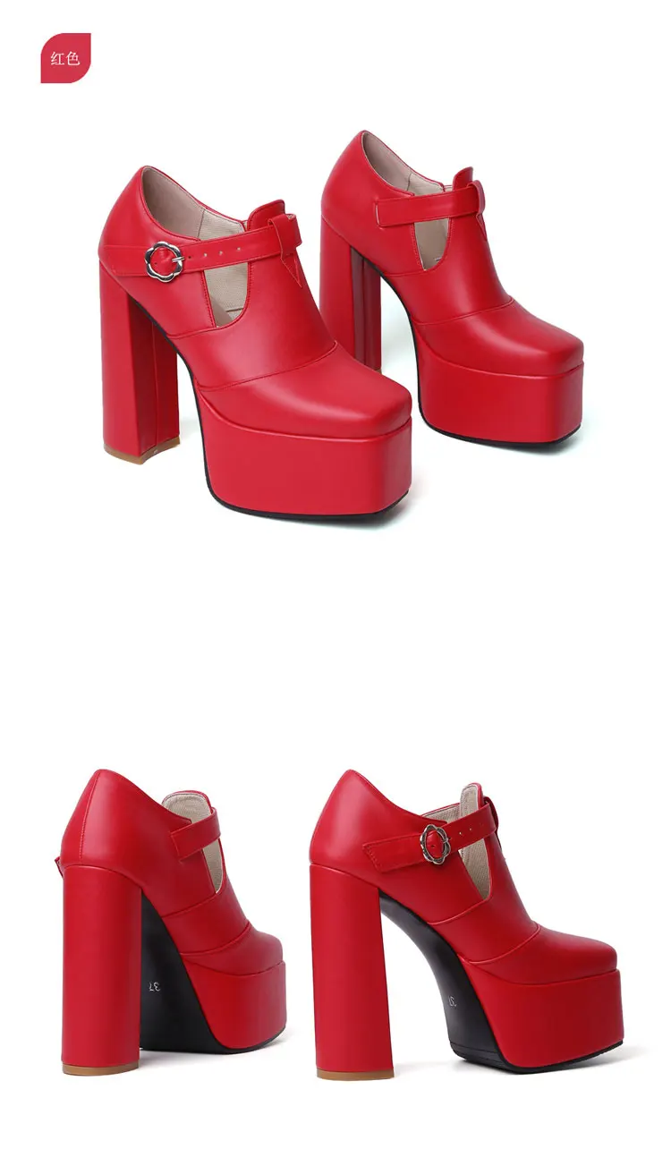 Neue europäische und amerikanische Stil dicke Sohle, dicke Ferse 13.5cm Super High Heels, tief geschnittene Einzelschuhe, T-förmiger Schnallenriemen, höhenversteigernde Modell Walking Schuhe, Frauen übergroße Größe 48 – Detail 36
