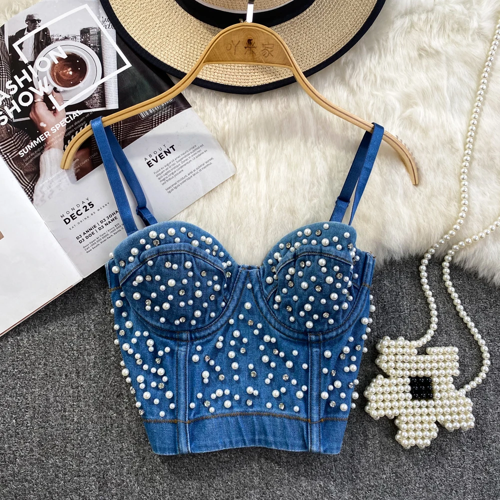 

Denim Women's Spaghetti Strap Diamonds Ripped Push Up Bustier Night Club Party Crop Top Corset Camise Vest