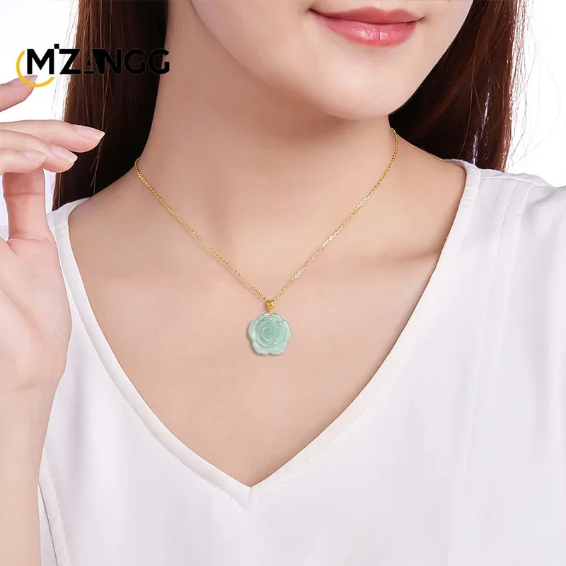 18K Gold Natural A Goods Jadeite Blue Water Rose Pendant