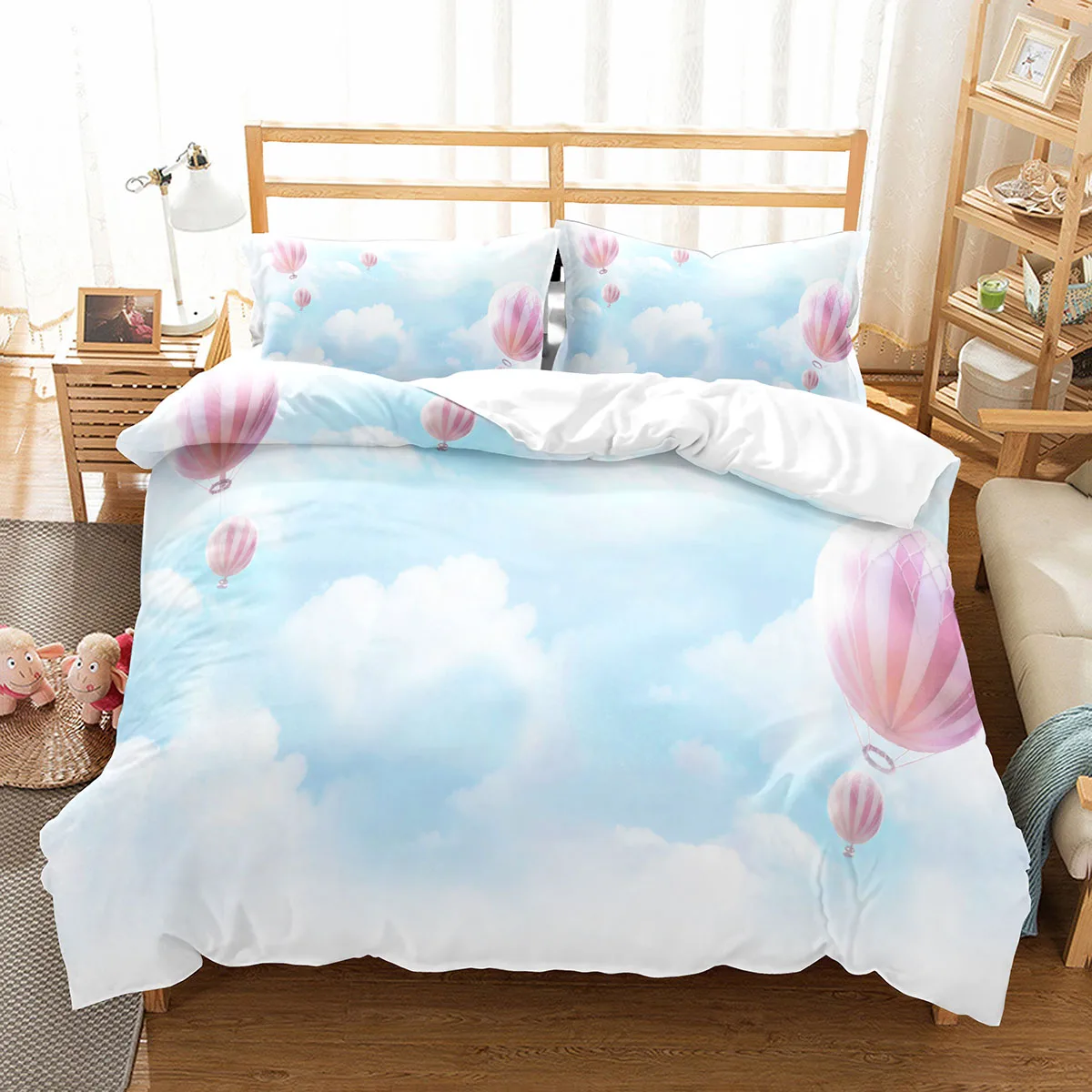

Hot Air Balloon Duvet Cover Set White Cloud Pattern Polyester Comforter Cover King Queen Twin Size for Kids Girls Bedroom Decor