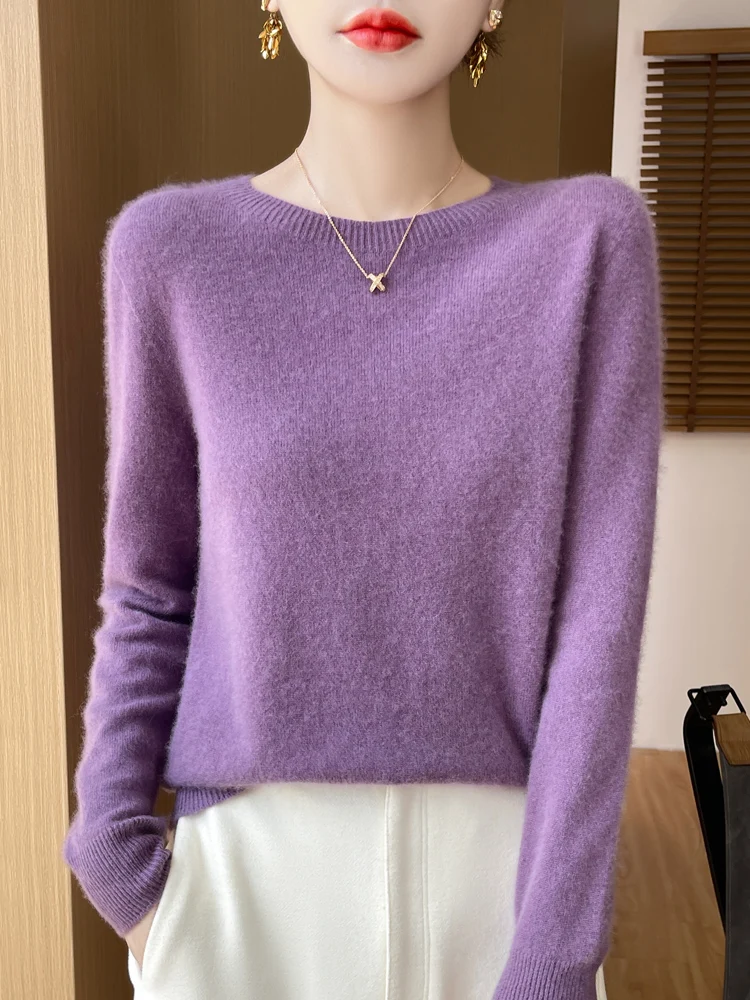 Autumn Winter Women Clothing O-Neck Pullover 100% Merino Wool Sweater New Fashion Cashmere Tops Bottoming Long Sleeve Knitwear 6