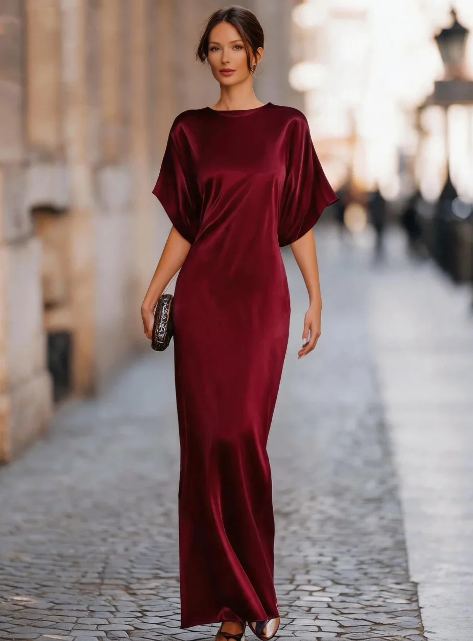 Damen Satin Dolman-Ärmel Maxikleid Rundhals Bodycon-Abendkleid für Formelle Abendveranstaltungen