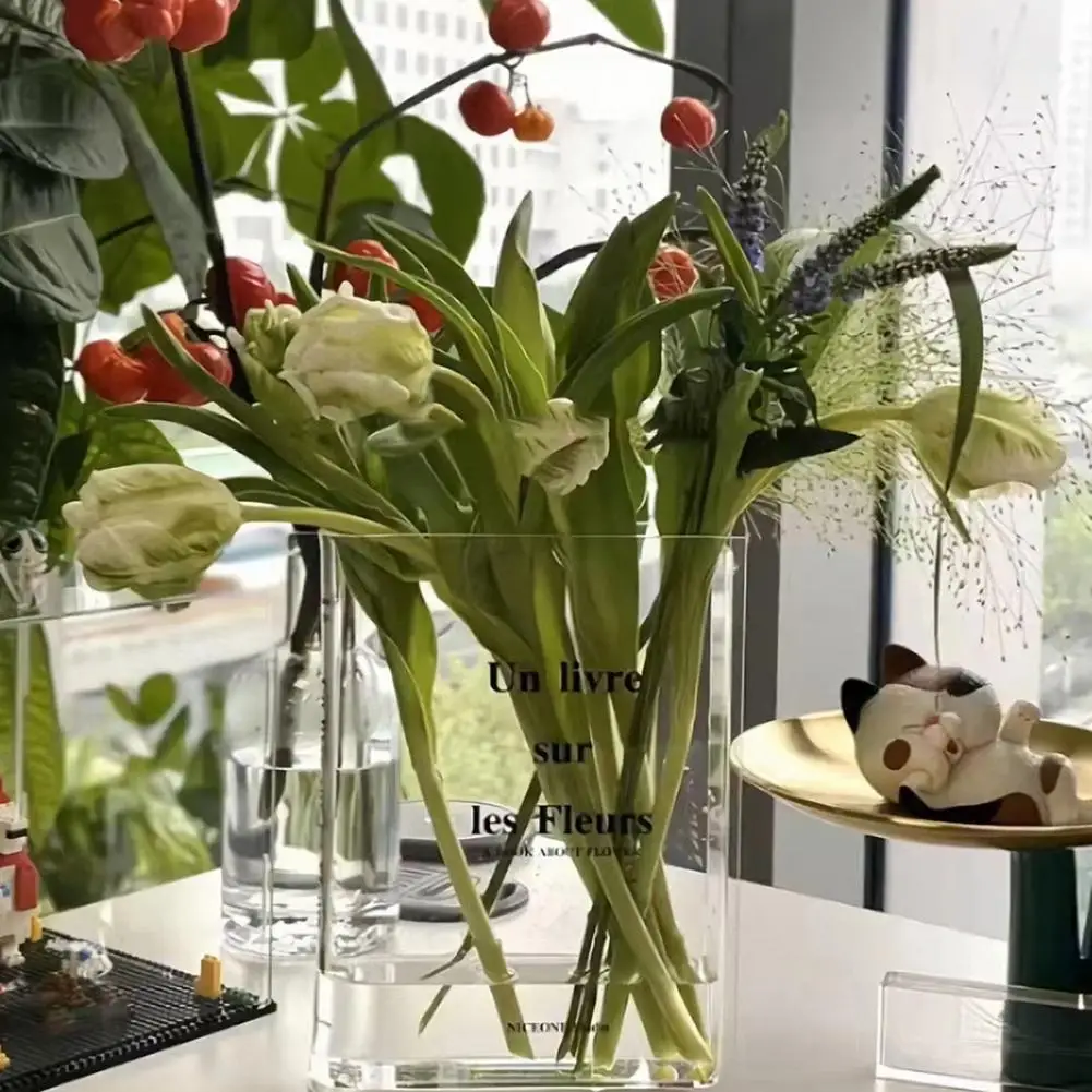 Book Vase for Flowers Nordic Style Clear Acrylic Book Design Vase Transparent Aesthetic Flower Vase Office Home Room Decorations 5