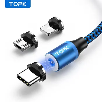 마그네틱 충전 케이블, 3 in 1 TOPK 360 회전 마그네틱 휴대폰 충전기 케이블, LED 조명 포함, 마이크로 USB C 타입 케이블용