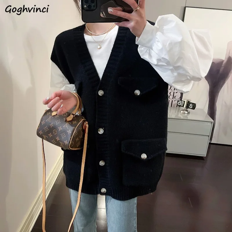 

Sweater Vests Women Solid Simple Pockets All-match Autumn Creativity Special Charming Sweet Korean Style Basics Stylish Daily