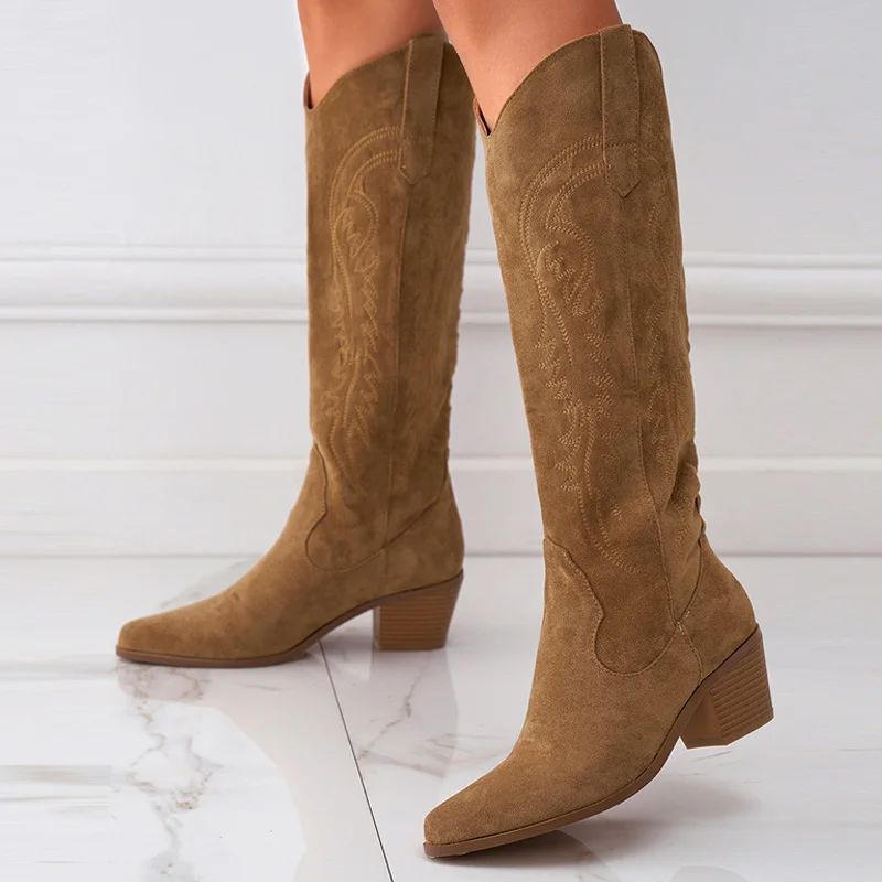 

TRILEINO Women Autumn Winter Western Style Cowboy Boots Fashion Embroidered Pointed Toe Low Hoof HeelsSlip-On Knee-High Shoes