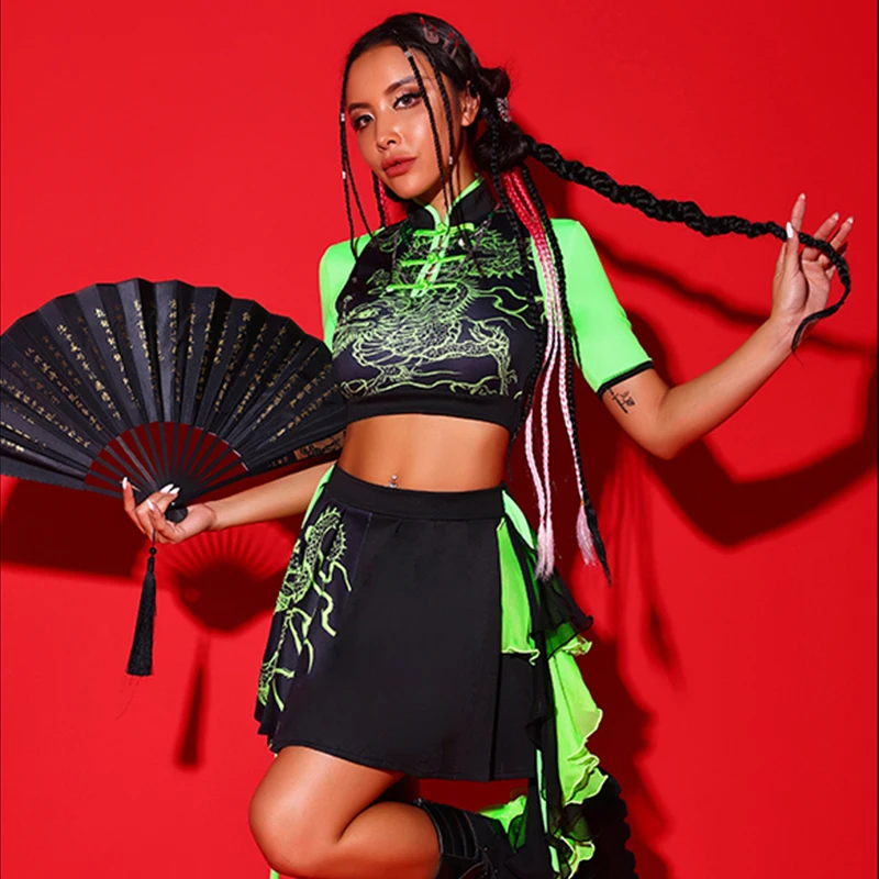 New Jazz Dance Costume Women Hip Hop Fluorescent Green