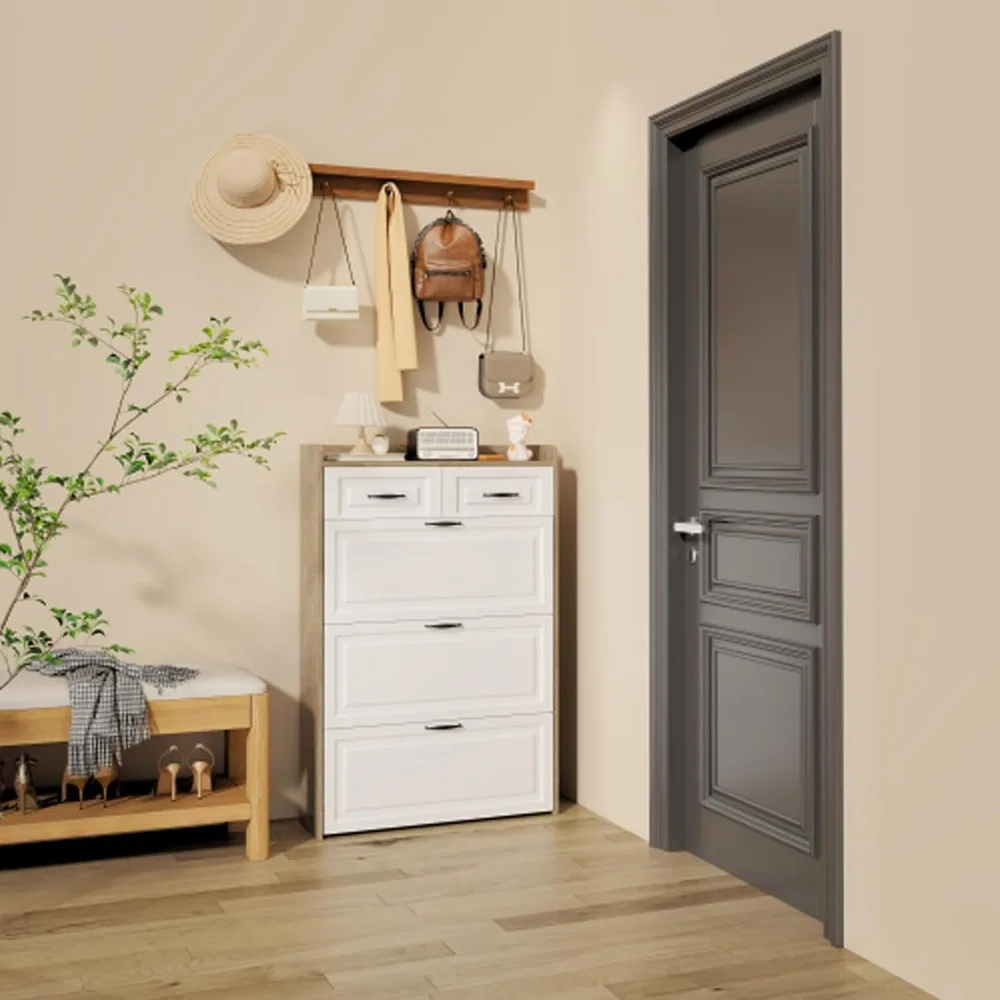 New Oak Color Shoe Cabinet with 3 Doors & 2 Drawers PVC Door Design, Large Storage Space for Entryway or Hallway