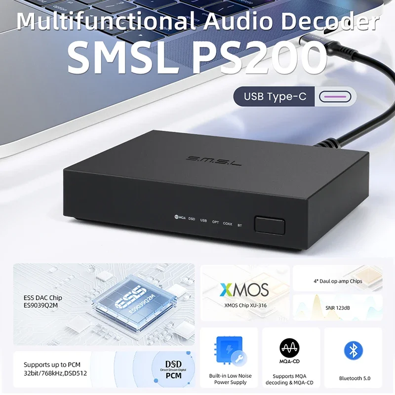 SMSL PS200 Multifunctional Audio Decoder DAC ES9039Q2M MQA Decoding Support DSD512 PCM768 Bluetooth 5.0