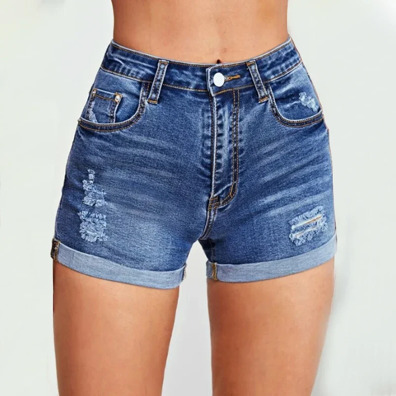 

Women's 2024 Summer New Ripped Denim Shorts Slim Fit Elastic Tight High Waist Straight Raw Edge A-line Hot Pants Blue Shorts