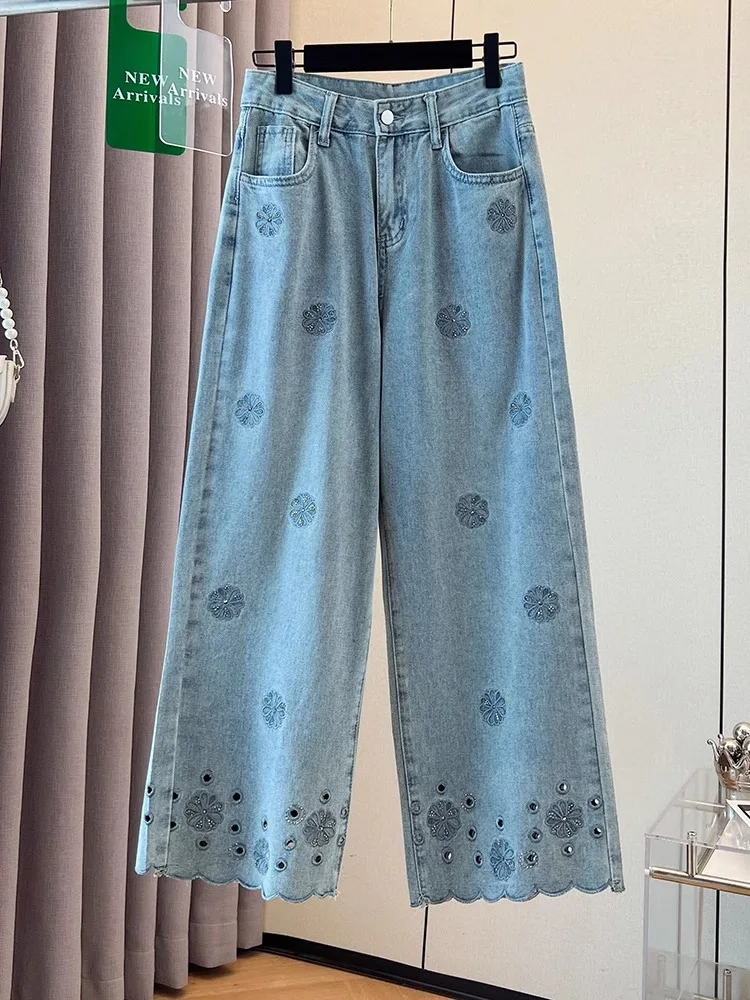 Light Embroidered High Waist Skinny Jeans Women Summer Thin Wide Leg Pants Straight Cut Slimming for Pear aped Body Nine Po...