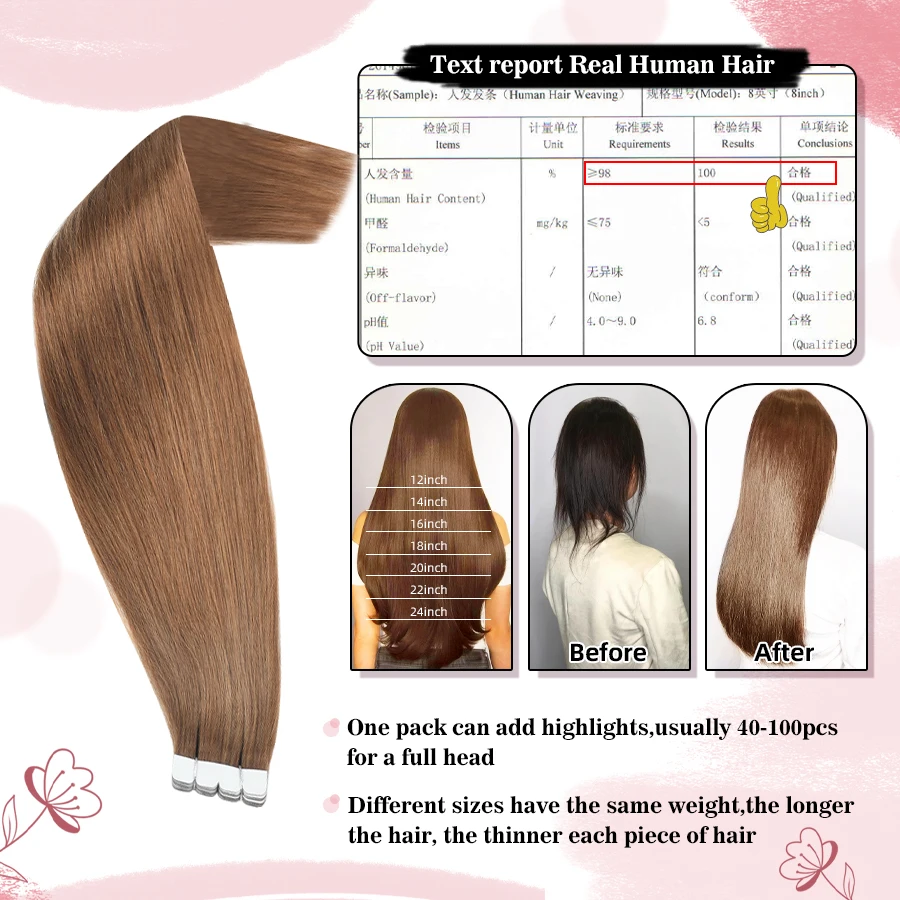 Vlasy 12'-24' Tape in Hair Extensions Human Hair Straight Seamless Remy Hair Natural Soft Skin Weft Tape in Hair Balayage 10PCS