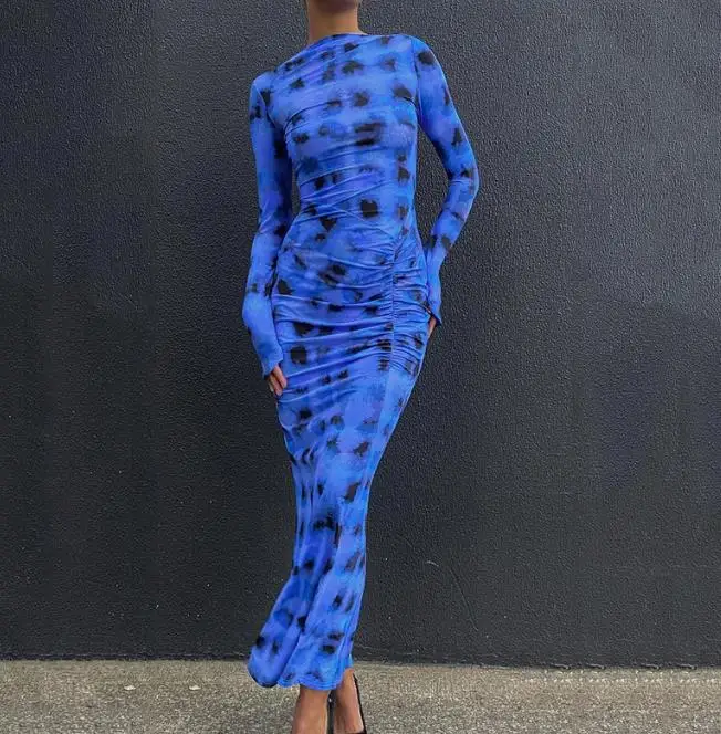 

Women's Long Dress 2023 Autumn New Fashion Tie Dye Printed Tight Long Sleeve Dress Draped Elegant Party Dress Evening Dress