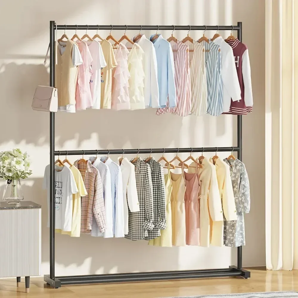 Clothes rack with double layers for floor hanger wardrobe shoe shelves
