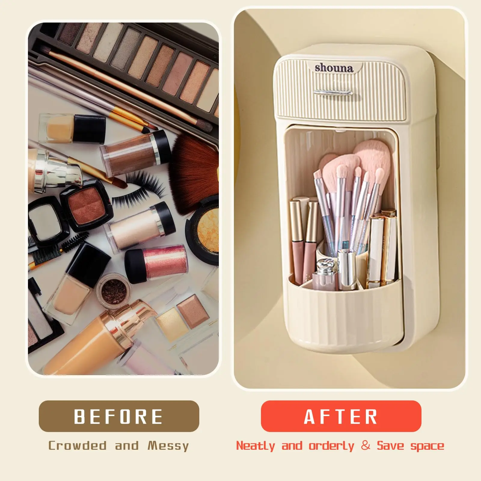Wall Mounted Brush Holder Makeup Brush Organizer,360° Rotating Storage Holder for Cosmetics Makeup Organizer with Drawers 3