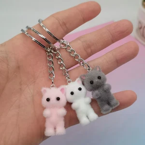 1PCS 3D Cartoon Flocking Cat Keychain Kawaii Cat Key Ring Animal  Key Chains Souvenir Gifts For Women Men Car Keys DIY Jewelry