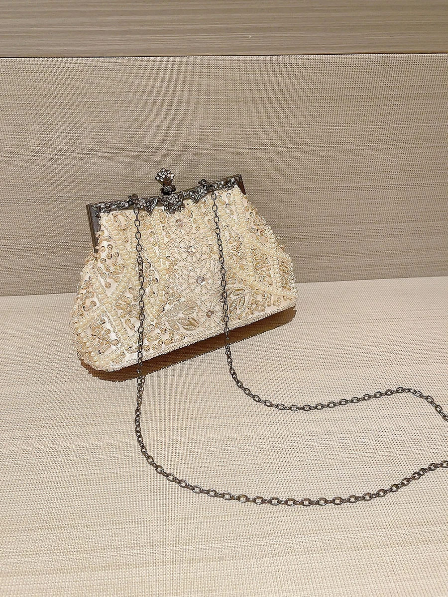 Faux Pearl & Diamond Kiss Lock Clutch Bag Floral Handle Party Bag