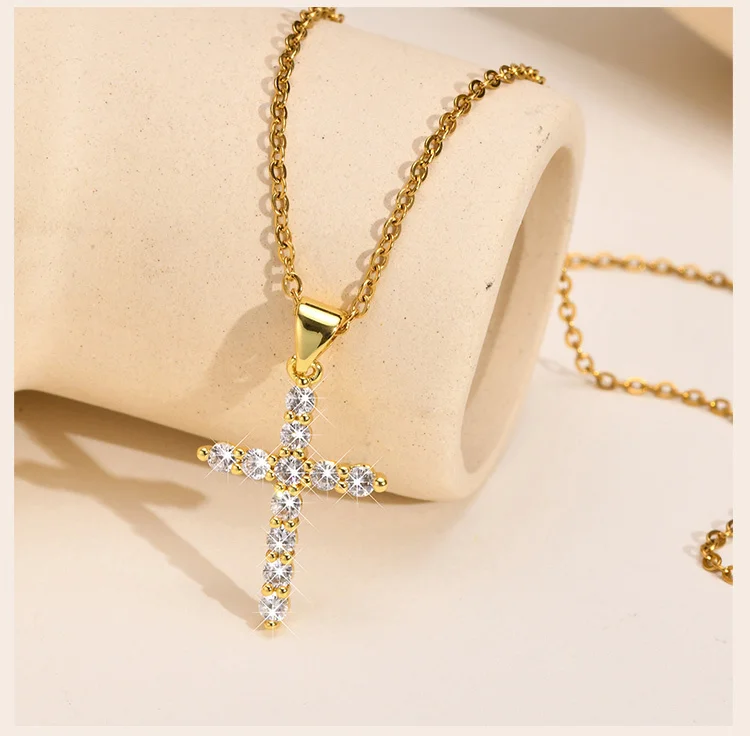 Danity Cubic Zirconia Cross Pendant Neckalce for Women, Stainles Steel Chain Adjustable