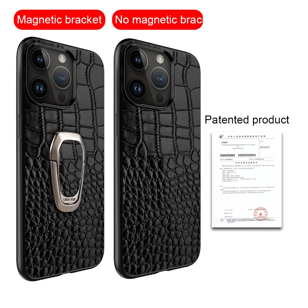 Genuine Leather Phone Case for iPhone 15 13 14 Pro Max 14Pro 15Pro Bracket Back Cover with Ring