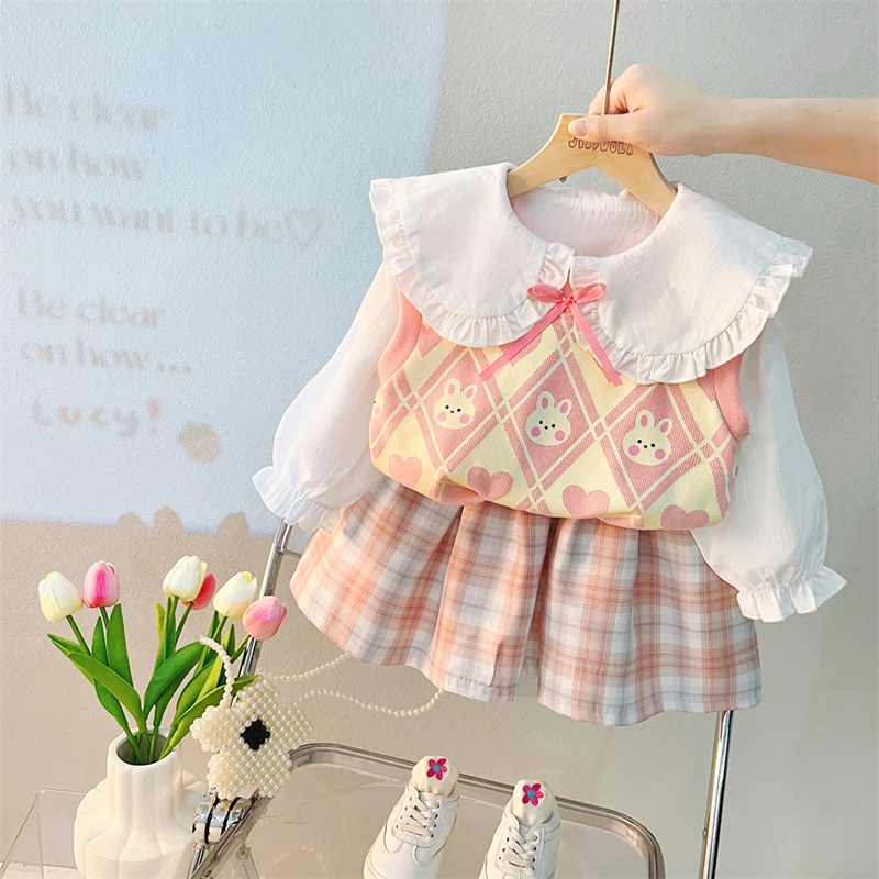 

Spring Baby Girls Clothing Sets Children Cartoon Bear Vest Lace Shirt Plaid Skirt 3 Pcs Suit Kids Clothes Outfits Infant Costume