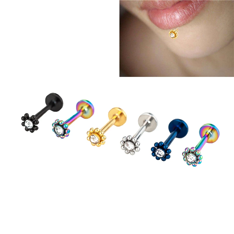 50pcs Lip Stud Labret Bar Clear CZ Gem Round Ball Monroe Tragus Piercing Steel Cartilage 16G  EAR HELIX Earring