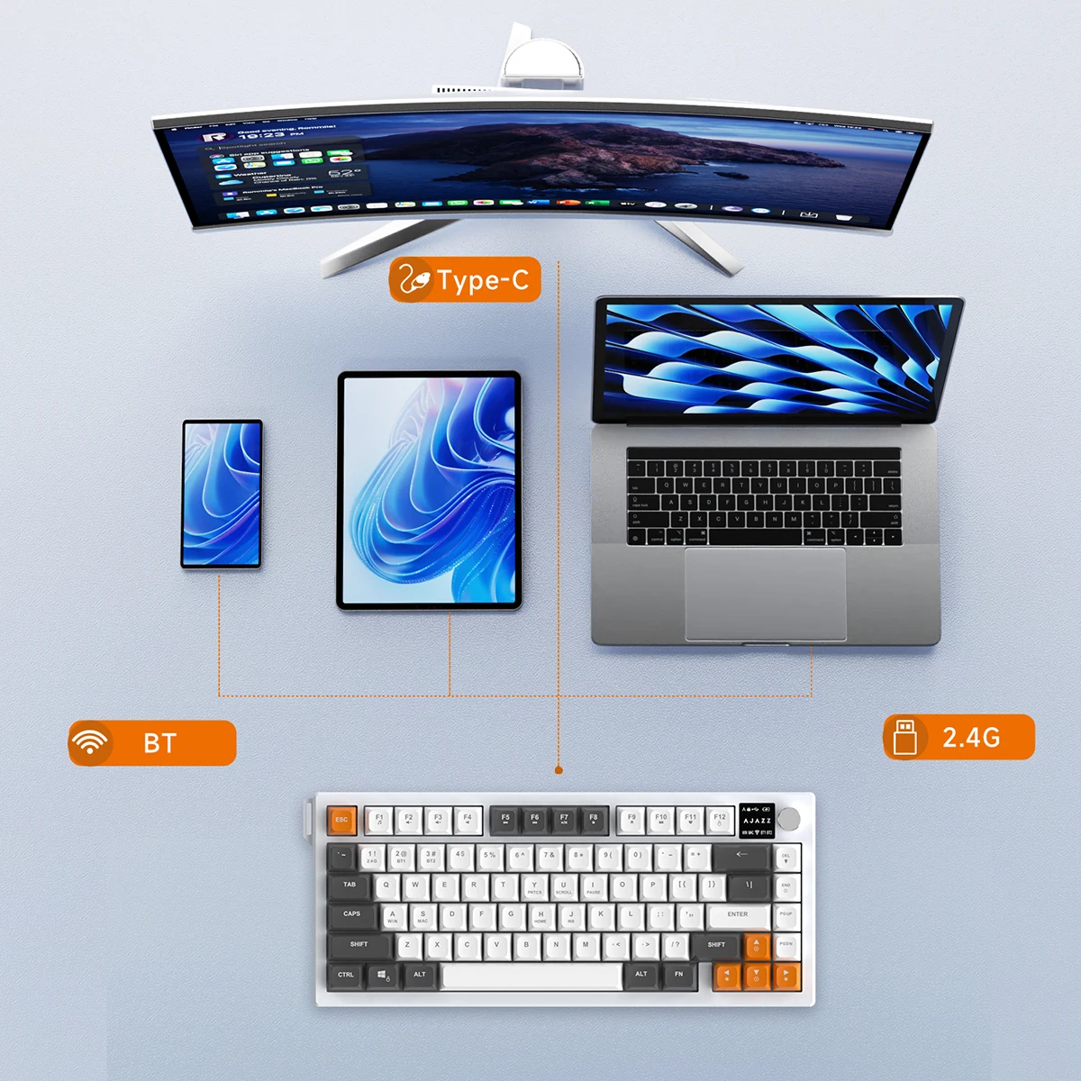 아자즈 AF82 최신형 82키 트라이 모드 RGB 백라이트 게이밍 키보드 초장수명 4000mAh 배터리 탑재