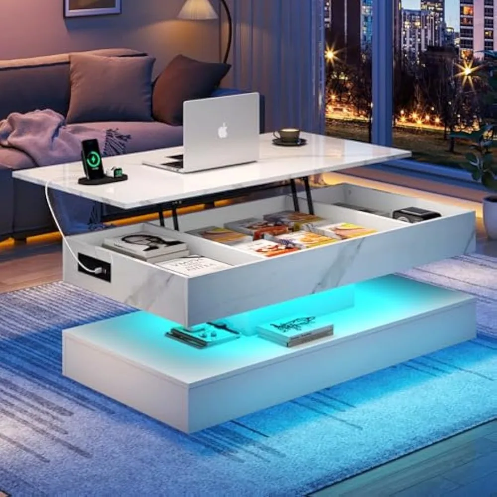 47.2" Large Lift Top Coffee Table with Charging Station, LED Modern High Glossy Center Table with Hidden Compartment Storage