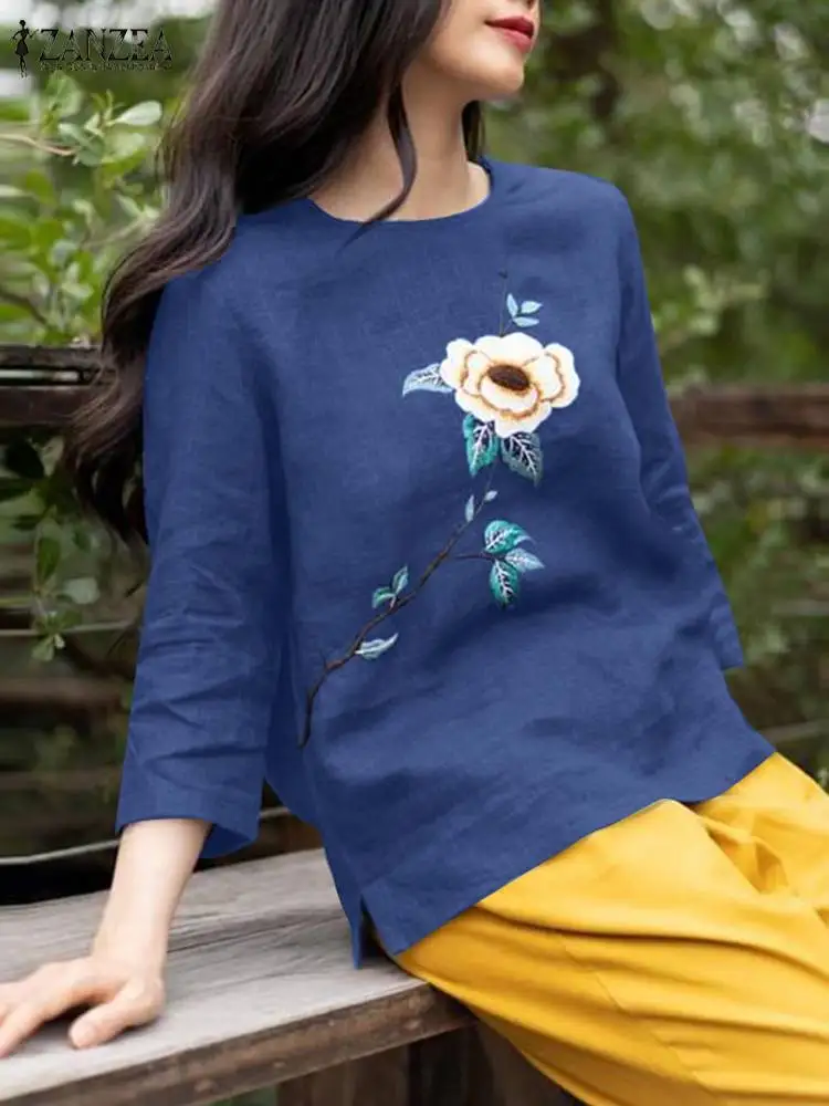 

ZANZEA Vintage Embroidery Blouse Women 3/4 Sleeve Floral Tops Causal O Neck Holiday Shirt Autumn OL Work Blusas Elegant Tunic