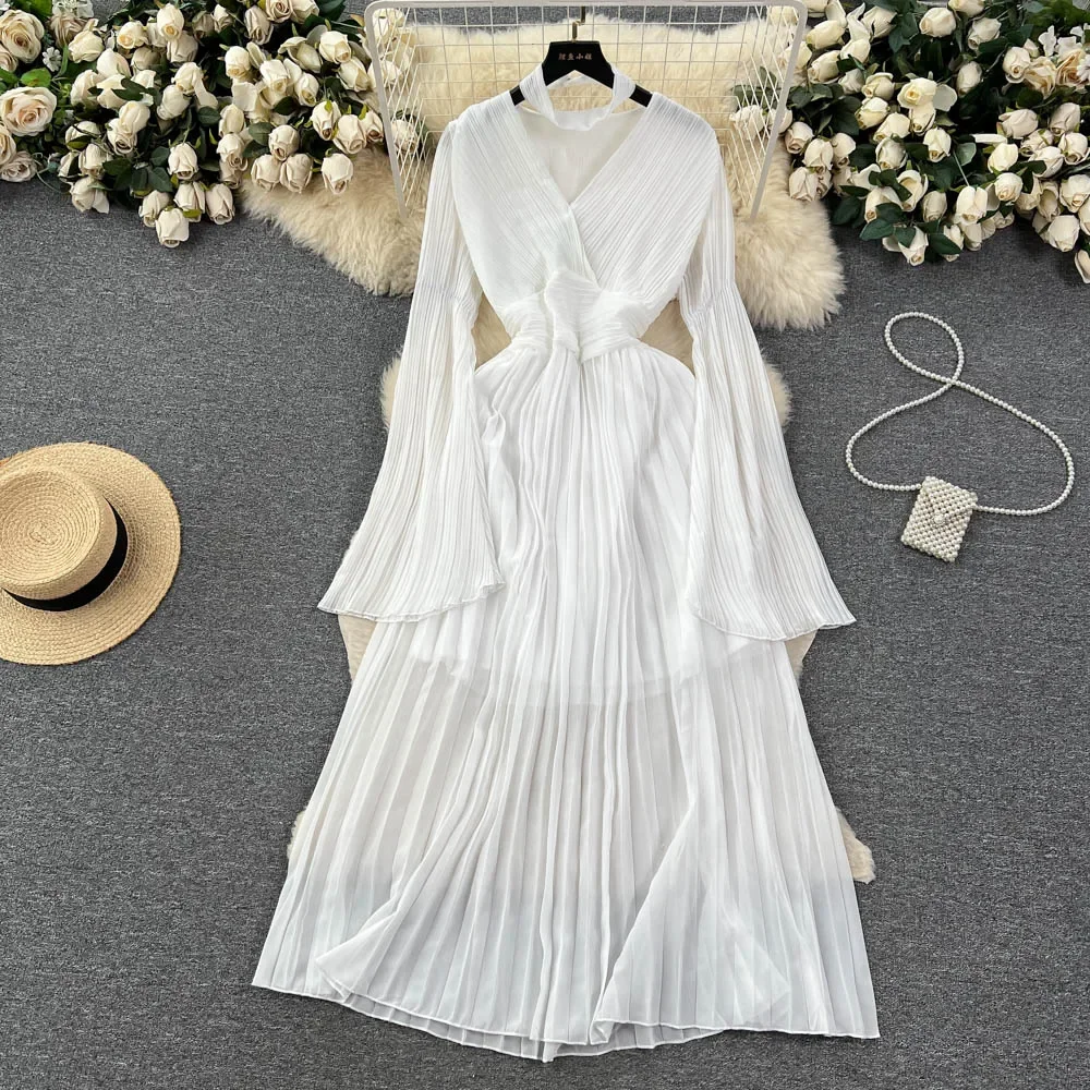 

Retro Solid Plelated Elegant Chiffon Dress A-line Flare Sleeve Casual V Neck High Waist Dress Women Summer