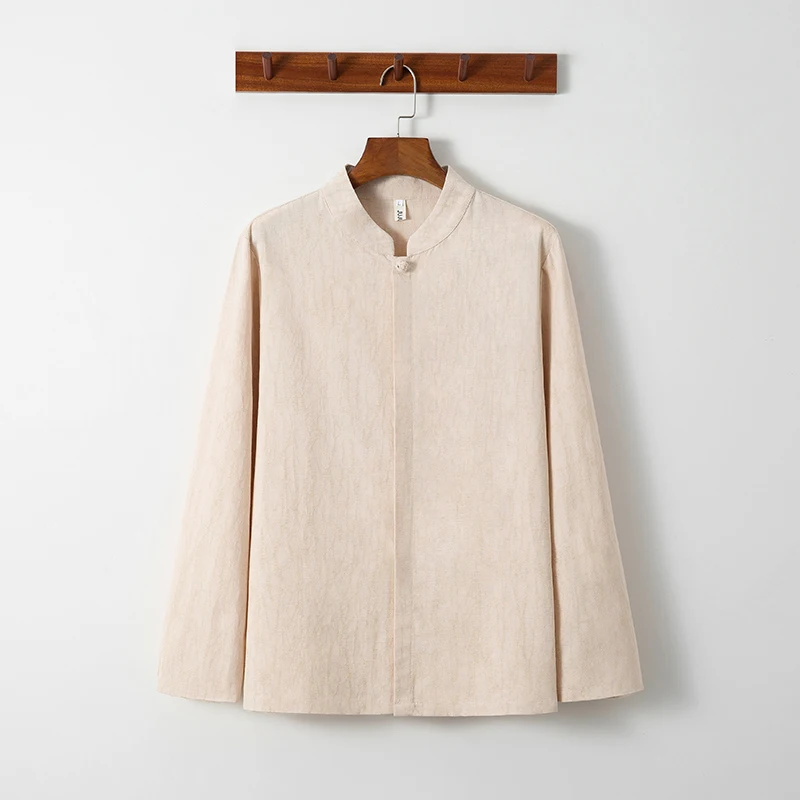 Camisa con cuello mandarín de estilo chino para hombre, top étnico vintage de manga larga con botones de rana y tela transpirable para uso informal