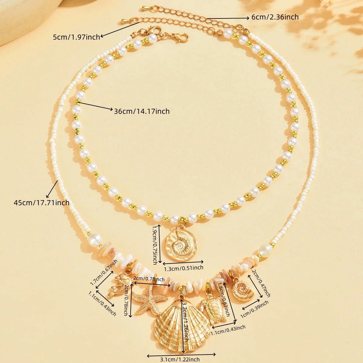 Trendy Handmade Layered Imitation Pearl Necklace for Women Metal Conch Turtle Starfish Dolphin Shell Pendant Necklaces Jewelry