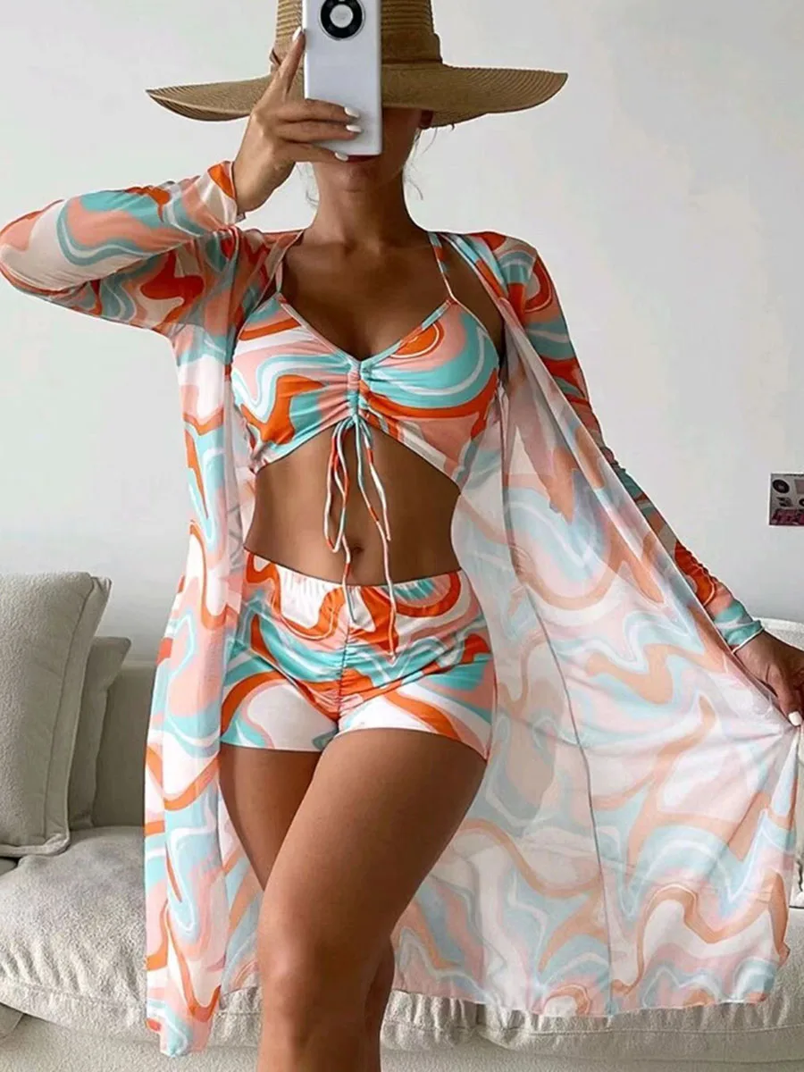 Tropical High Waist Bikinis 2023 Sexy 3Piece Bikini Set Cover Up Swimsuit for Women Long Sleeve Swimwear Beach Wear Bathing Suit