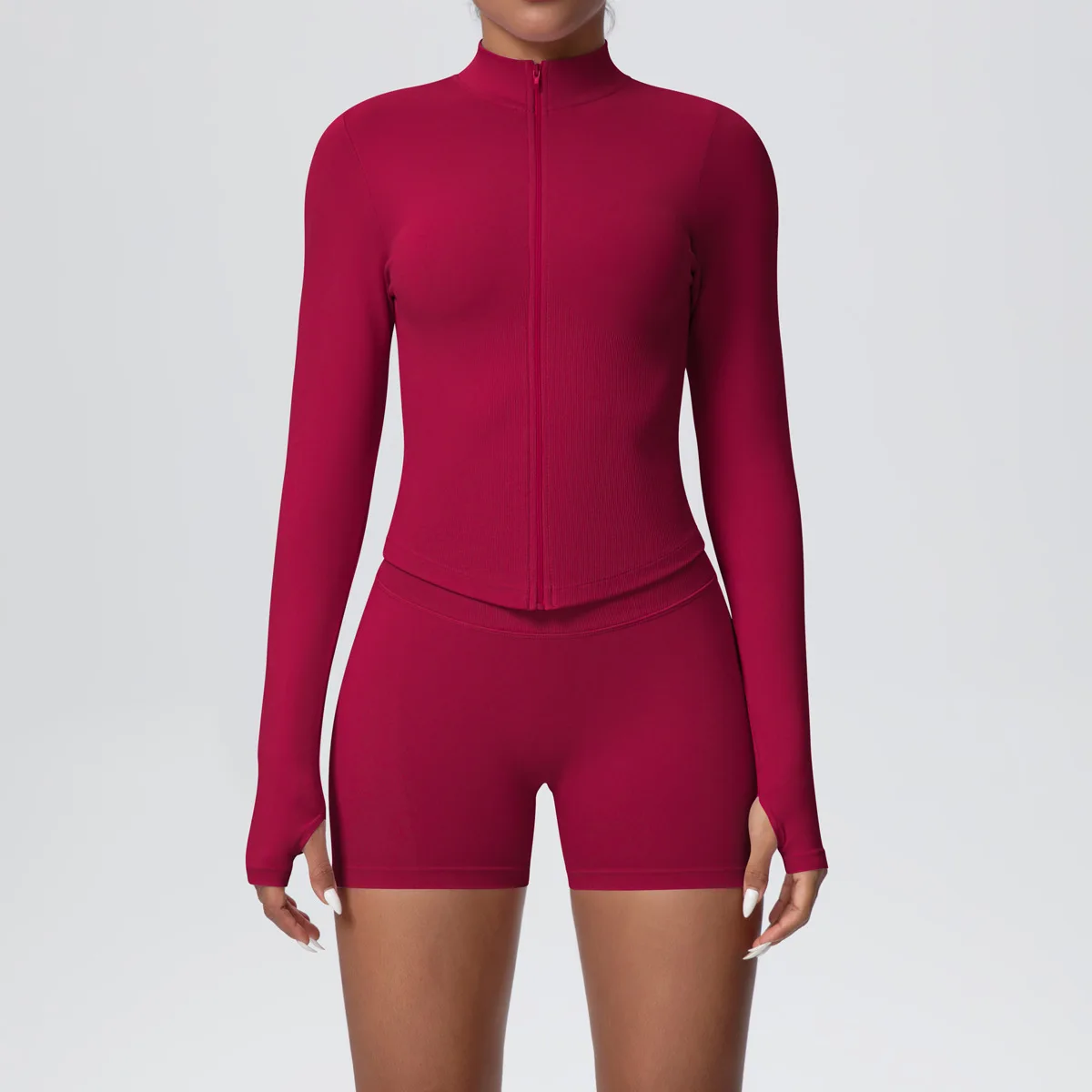Women Gym Set - Seamless Yoga Suit With Zip Shirt & Cycling Shorts Activewear