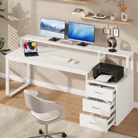 67 Inch Computer Desk with Drawer & LED Lights, Home Office Desk with Storage Shelves, Reversible Workstation for Bedroom, Moder 1