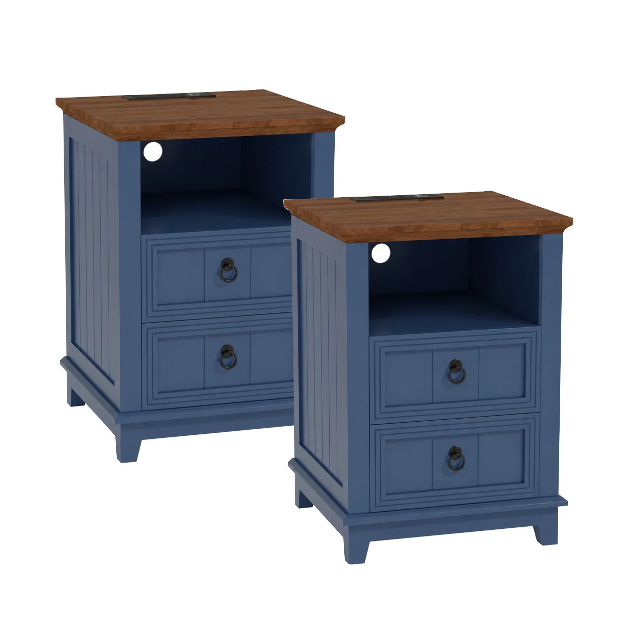 18 Inch Wood Nightstand with USB Charging Station Modern Fluted Bedside Table 2 Drawer End Table with Storage Shelf for Bedroom Living Room Home Office Apartment Dorm Blue 10