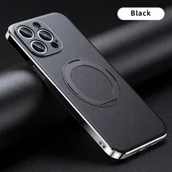 Enhanced Leather Magnetic MagSafe Phone Case with Ring Plating and Lens Protection - iPhone 16 (Black with holder)