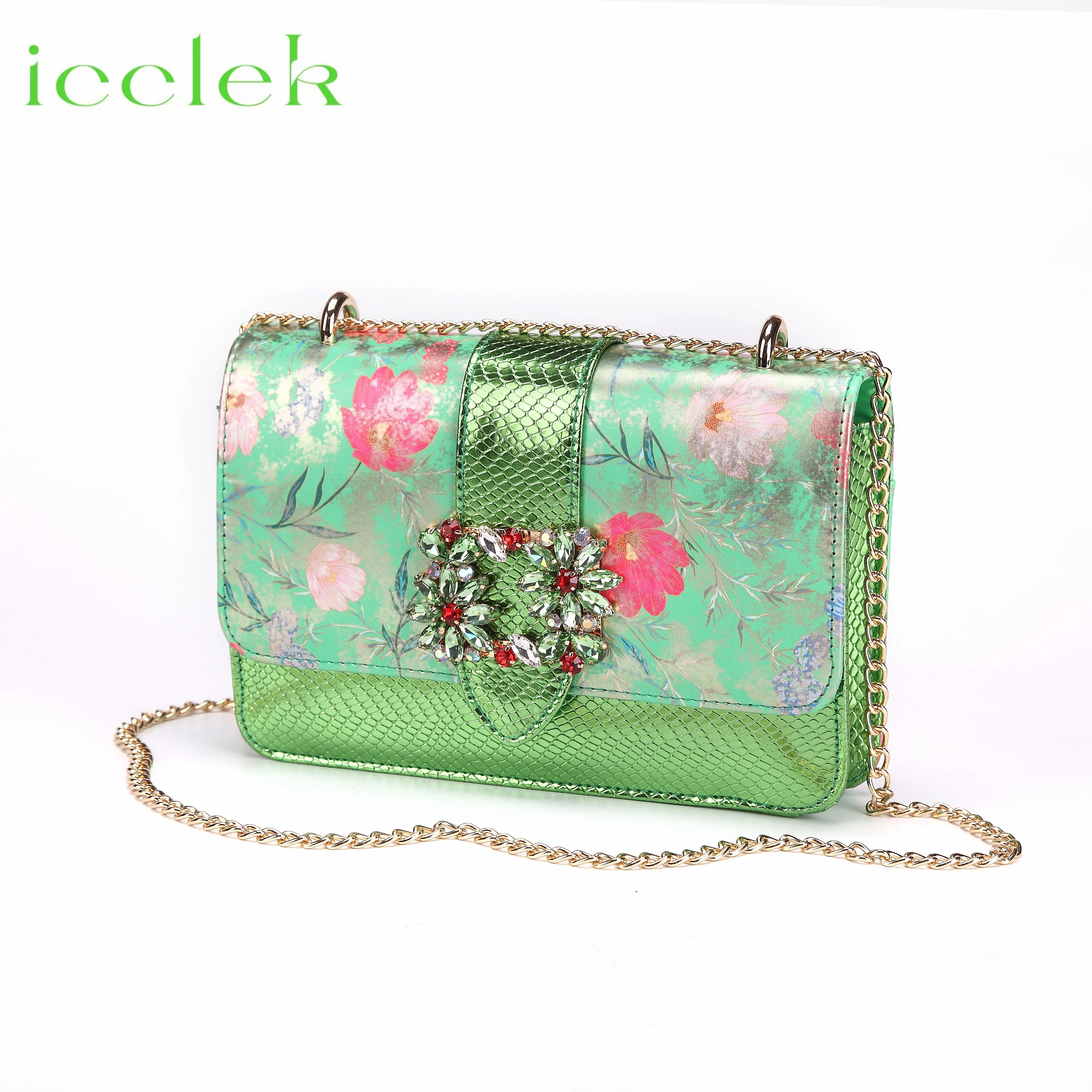 Women High Heels Sandals Printing Flower Material with Rhinestone Italian Design Coffee Color Pointed Toe Shoes and Bags Set