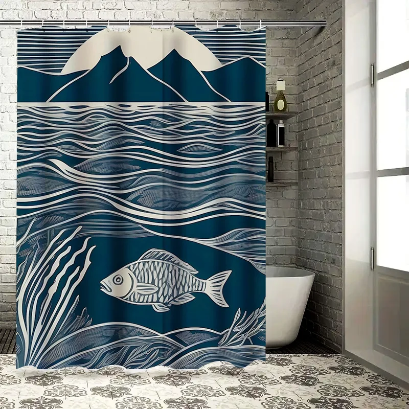 Modern Artistic Blue and White Fish and Mountain Pattern Waterproof Shower Curtain for Stylish Bathroom Decor, Easy Instal 2