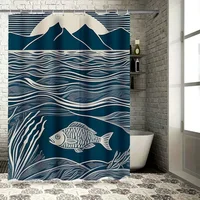 Modern Artistic Blue and White Fish and Mountain Pattern Waterproof Shower Curtain for Stylish Bathroom Decor, Easy Instal 2