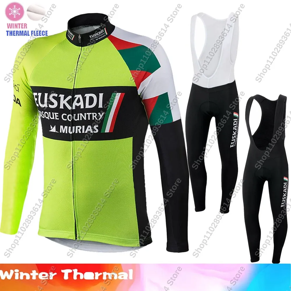 Winter Euskadi Team Cycling Jersey Set Retro Clothing Team Suit Mens Long Sleeve MTB Bike Road Pants Bib Ropa