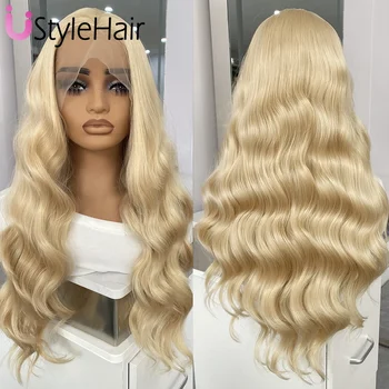Blonde Wig Lace Front Long Body Wave Synthetic Wigs 13x4 Frontal Lace Natural Hairline Daily Cosplay Wigs Glueless Women's Wig